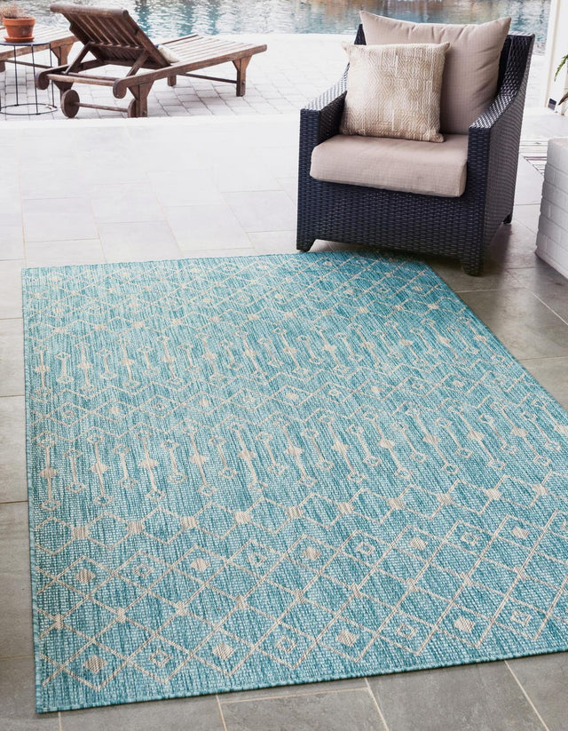 Aqua 5' 3 x 8' Outdoor Trellis Rectangle Area Rug Weather Resistant for Patio, Deck, Terrace, Balcony, Porch Geometric Design Water Safe Outside Carpet for Sale at Rug Engine