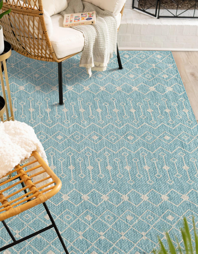 Aqua 5' 3 x 8' Outdoor Trellis Rectangle Area Rug Weather Resistant for Patio, Deck, Terrace, Balcony, Porch Geometric Design Water Safe Outside Carpet for Sale at Rug Engine