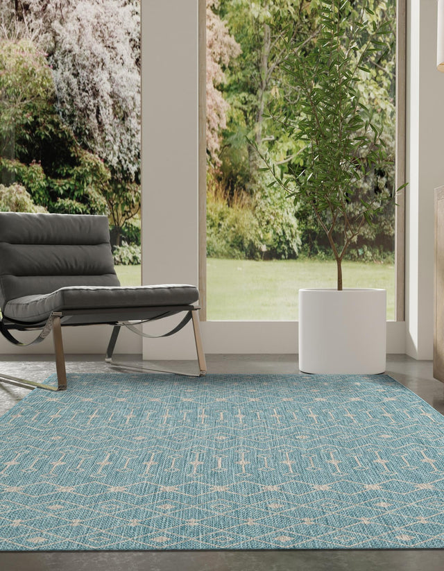 Aqua 5' 3 x 8' Outdoor Trellis Rectangle Area Rug Weather Resistant for Patio, Deck, Terrace, Balcony, Porch Geometric Design Water Safe Outside Carpet for Sale at Rug Engine