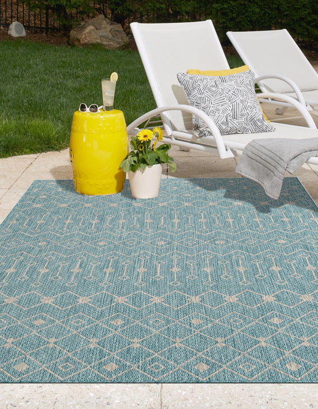 Aqua 5' 3 x 8' Outdoor Trellis Rectangle Area Rug Weather Resistant for Patio, Deck, Terrace, Balcony, Porch Geometric Design Water Safe Outside Carpet for Sale at Rug Engine