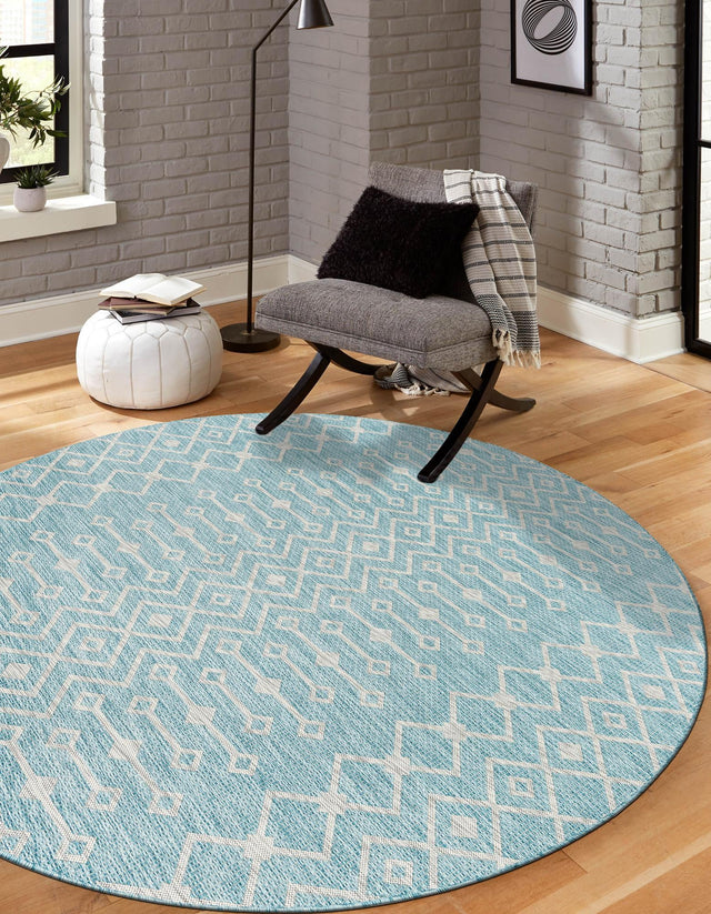 Aqua 4' 1 x 4' 1 Outdoor Trellis Round Area Rug Weather Resistant for Patio, Deck, Terrace, Balcony, Porch Geometric Design Water Safe Outside Carpet for Sale at Rug Engine