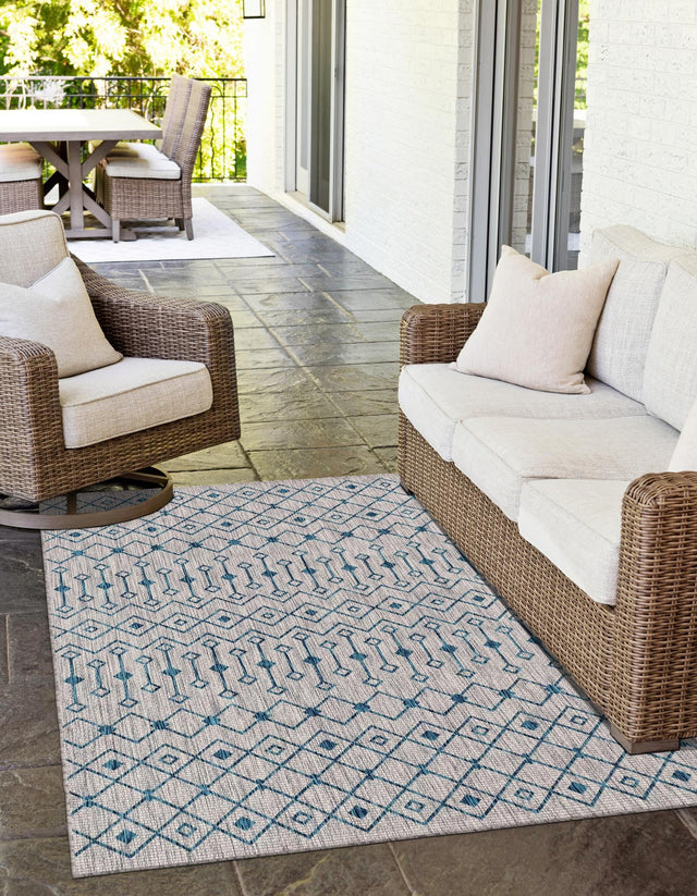 Light Blue 4' 1 x 6' 1 Outdoor Trellis Rectangle Area Rug Weather Resistant for Patio, Deck, Terrace, Balcony, Porch Geometric Design Water Safe Outside Carpet for Sale at Rug Engine