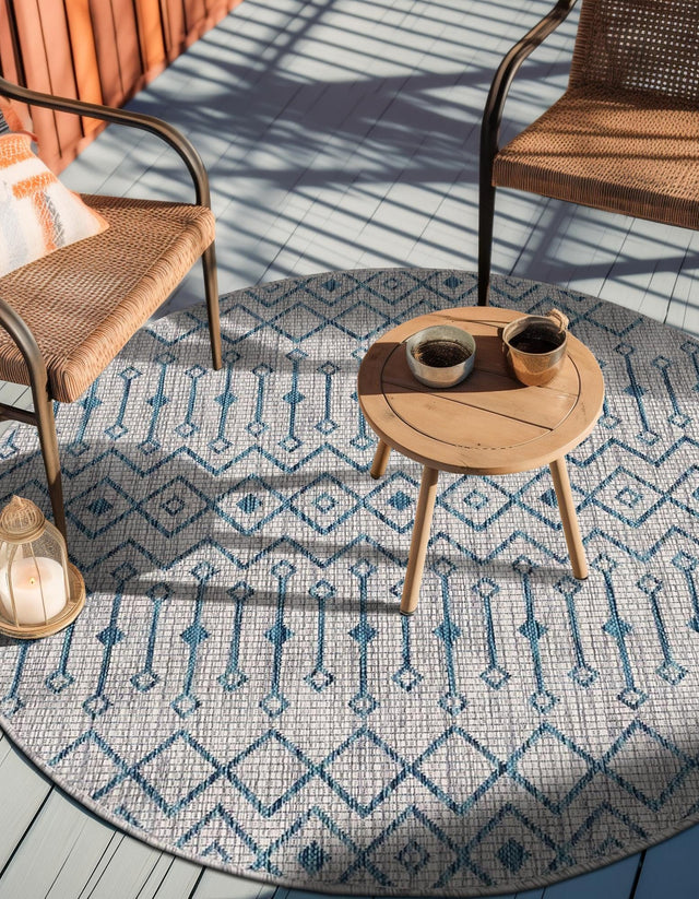 Light Blue 13' x 13' Outdoor Trellis Round Area Rug Weather Resistant for Patio, Deck, Terrace, Balcony, Porch Geometric Design Water Safe Outside Carpet for Sale at Rug Engine