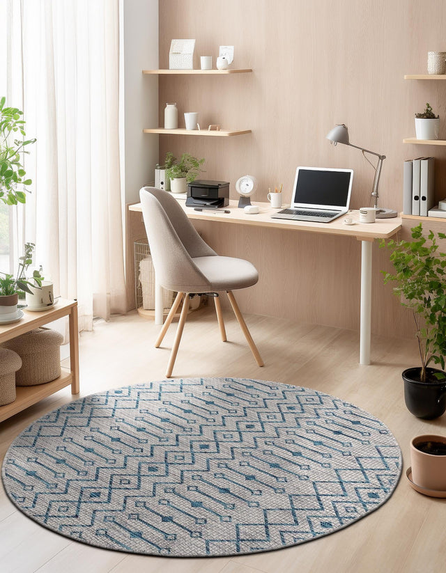 Light Blue 13' x 13' Outdoor Trellis Round Area Rug Weather Resistant for Patio, Deck, Terrace, Balcony, Porch Geometric Design Water Safe Outside Carpet for Sale at Rug Engine