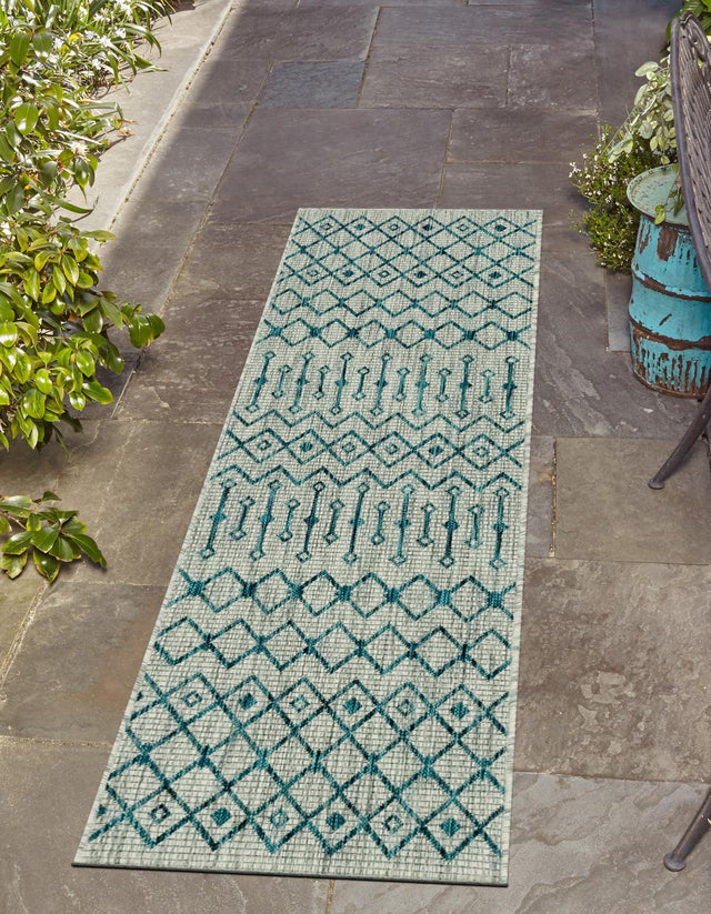 Light Blue 2' x 6' 1 Outdoor Trellis Runner Area Rug Weather Resistant for Patio, Deck, Terrace, Balcony, Porch Geometric Design Water Safe Outside Carpet for Sale at Rug Engine