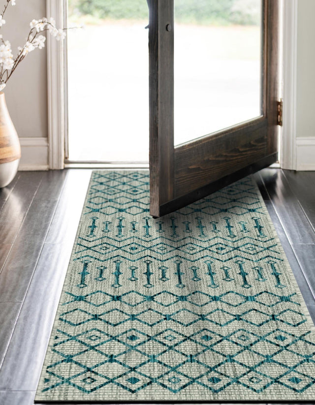 Light Blue 2' x 6' 1 Outdoor Trellis Runner Area Rug Weather Resistant for Patio, Deck, Terrace, Balcony, Porch Geometric Design Water Safe Outside Carpet for Sale at Rug Engine