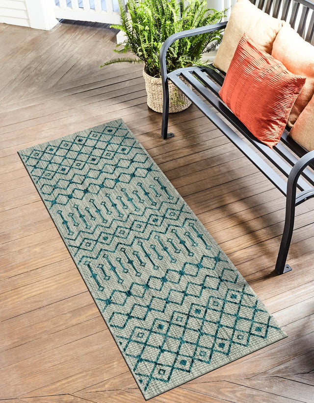 Light Blue 2' x 6' 1 Outdoor Trellis Runner Area Rug Weather Resistant for Patio, Deck, Terrace, Balcony, Porch Geometric Design Water Safe Outside Carpet for Sale at Rug Engine