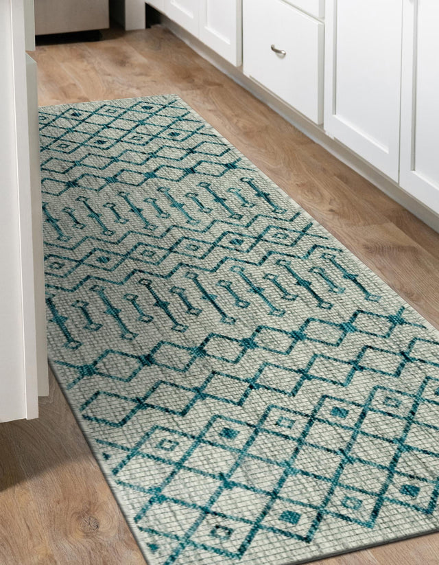 Light Blue 2' x 6' 1 Outdoor Trellis Runner Area Rug Weather Resistant for Patio, Deck, Terrace, Balcony, Porch Geometric Design Water Safe Outside Carpet for Sale at Rug Engine