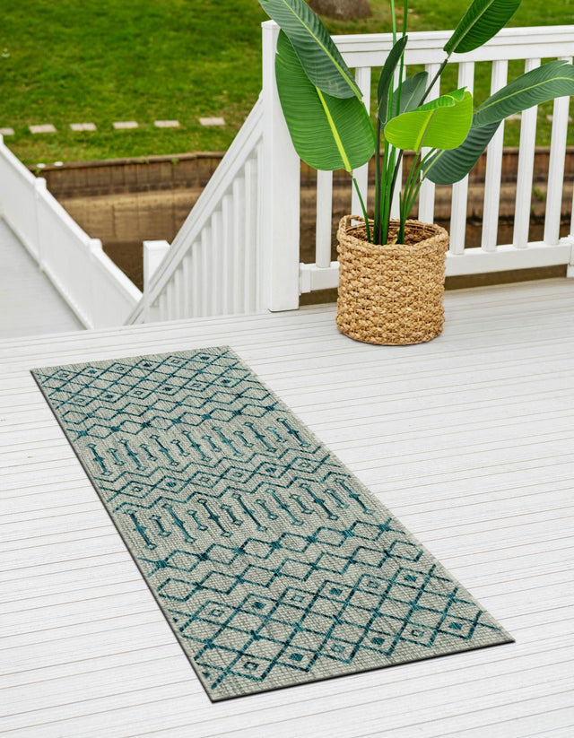 Light Blue 2' x 6' 1 Outdoor Trellis Runner Area Rug Weather Resistant for Patio, Deck, Terrace, Balcony, Porch Geometric Design Water Safe Outside Carpet for Sale at Rug Engine