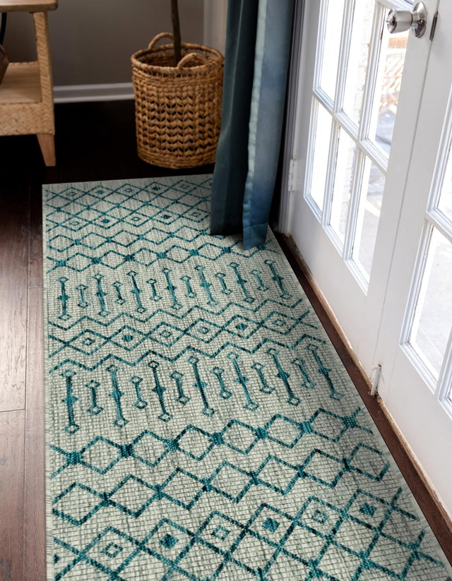 Light Blue 2' x 6' 1 Outdoor Trellis Runner Area Rug Weather Resistant for Patio, Deck, Terrace, Balcony, Porch Geometric Design Water Safe Outside Carpet for Sale at Rug Engine