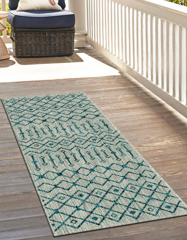 Light Blue 2' x 6' 1 Outdoor Trellis Runner Area Rug Weather Resistant for Patio, Deck, Terrace, Balcony, Porch Geometric Design Water Safe Outside Carpet for Sale at Rug Engine