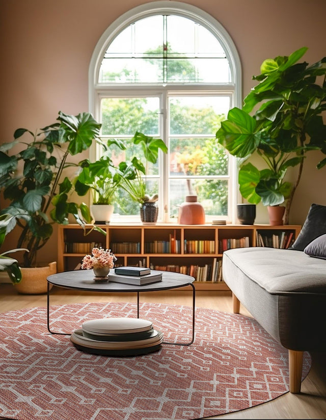Rust Red 4' 1 x 4' 1 Outdoor Trellis Round Area Rug Weather Resistant for Patio, Deck, Terrace, Balcony, Porch Geometric Design Water Safe Outside Carpet for Sale at Rug Engine