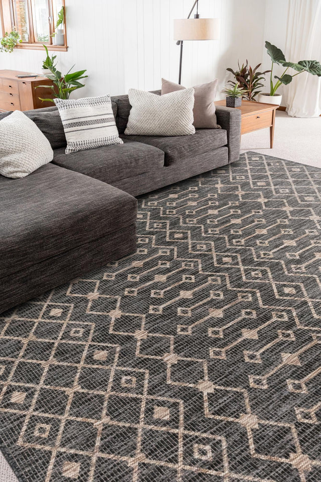 Charcoal Gray 7' 10 x 11' Outdoor Trellis Rectangle Area Rug Weather Resistant for Patio, Deck, Terrace, Balcony, Porch Geometric Design Water Safe Outside Carpet for Sale at Rug Engine