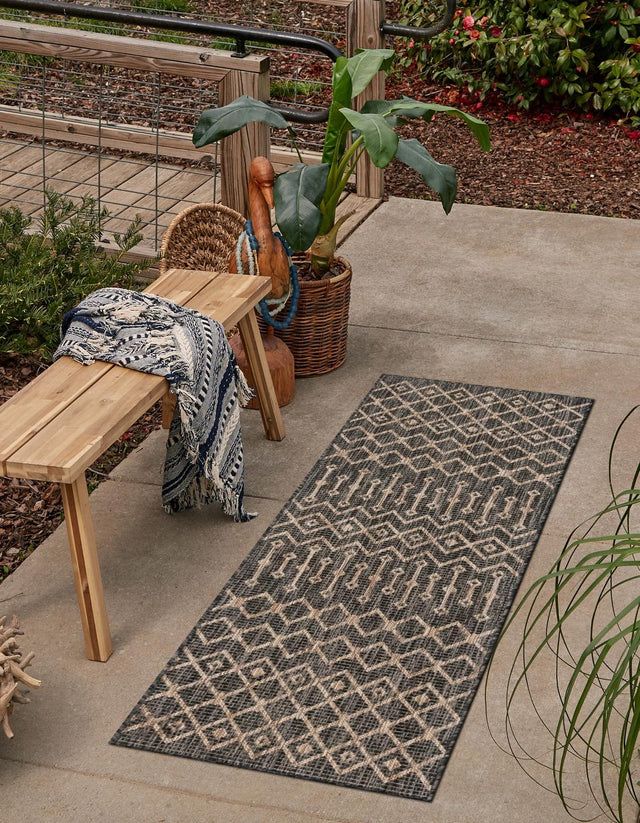 Charcoal Gray 2' x 6' 1 Outdoor Trellis Runner Area Rug Weather Resistant for Patio, Deck, Terrace, Balcony, Porch Geometric Design Water Safe Outside Carpet for Sale at Rug Engine