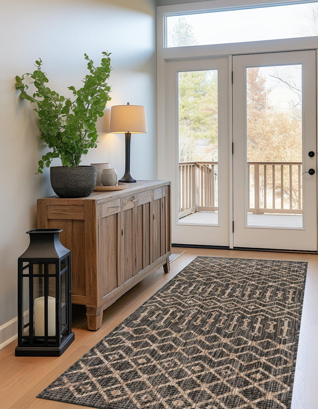 Charcoal Gray 2' x 6' 1 Outdoor Trellis Runner Area Rug Weather Resistant for Patio, Deck, Terrace, Balcony, Porch Geometric Design Water Safe Outside Carpet for Sale at Rug Engine