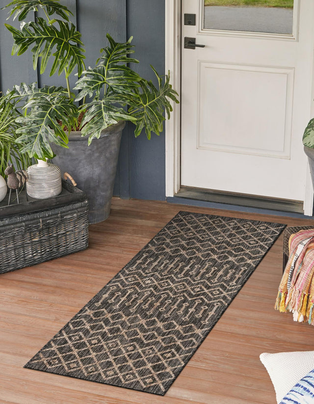 Charcoal Gray 2' x 6' 1 Outdoor Trellis Runner Area Rug Weather Resistant for Patio, Deck, Terrace, Balcony, Porch Geometric Design Water Safe Outside Carpet for Sale at Rug Engine