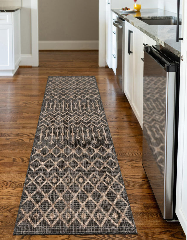 Charcoal Gray 2' x 6' 1 Outdoor Trellis Runner Area Rug Weather Resistant for Patio, Deck, Terrace, Balcony, Porch Geometric Design Water Safe Outside Carpet for Sale at Rug Engine