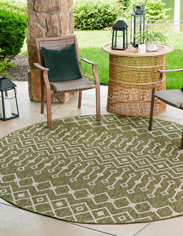 Green 4' 1 x 4' 1 Outdoor Trellis Round Area Rug Weather Resistant for Patio, Deck, Terrace, Balcony, Porch Geometric Design Water Safe Outside Carpet for Sale at Rug Engine