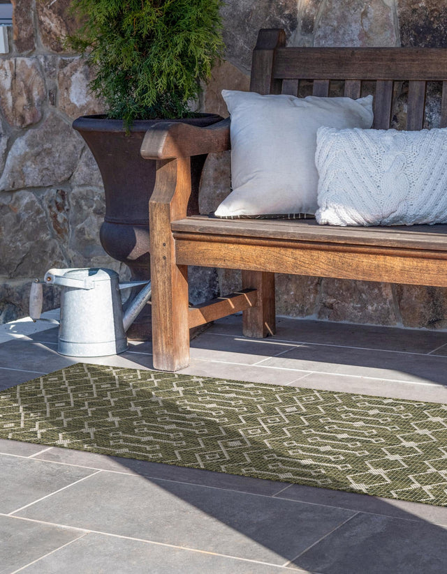 Green 2' 7 x 10' Outdoor Trellis Runner Area Rug Weather Resistant for Patio, Deck, Terrace, Balcony, Porch Geometric Design Water Safe Outside Carpet for Sale at Rug Engine
