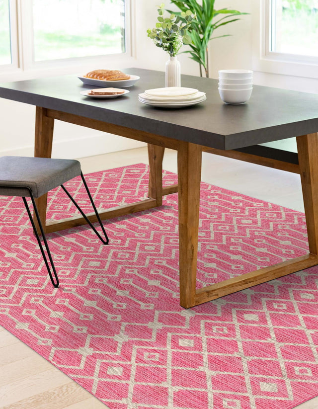 Fuschia 4' 1 x 6' 1 Outdoor Trellis Rectangle Area Rug Weather Resistant for Patio, Deck, Terrace, Balcony, Porch Geometric Design Water Safe Outside Carpet for Sale at Rug Engine