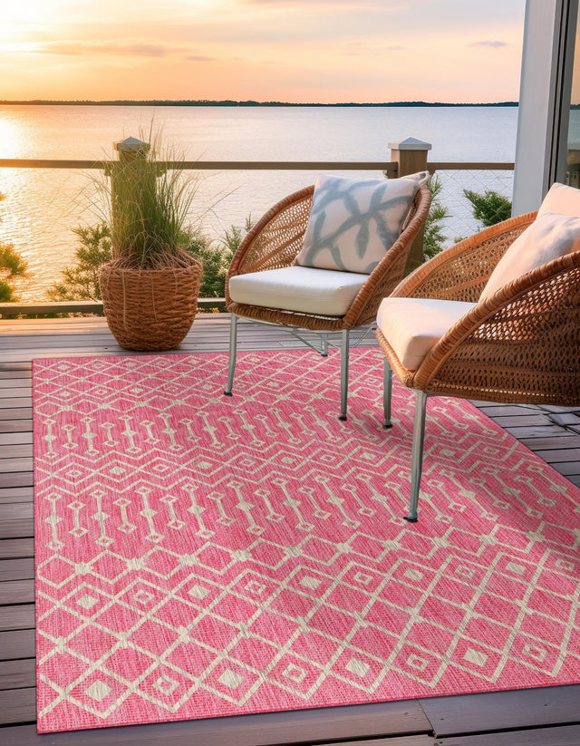 Fuschia 7' 10 x 11' Outdoor Trellis Rectangle Area Rug Weather Resistant for Patio, Deck, Terrace, Balcony, Porch Geometric Design Water Safe Outside Carpet for Sale at Rug Engine
