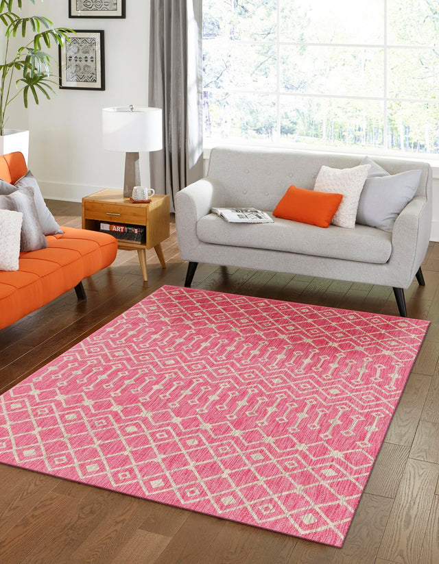 Fuschia 6' 1 x 9' Outdoor Trellis Rectangle Area Rug Weather Resistant for Patio, Deck, Terrace, Balcony, Porch Geometric Design Water Safe Outside Carpet for Sale at Rug Engine