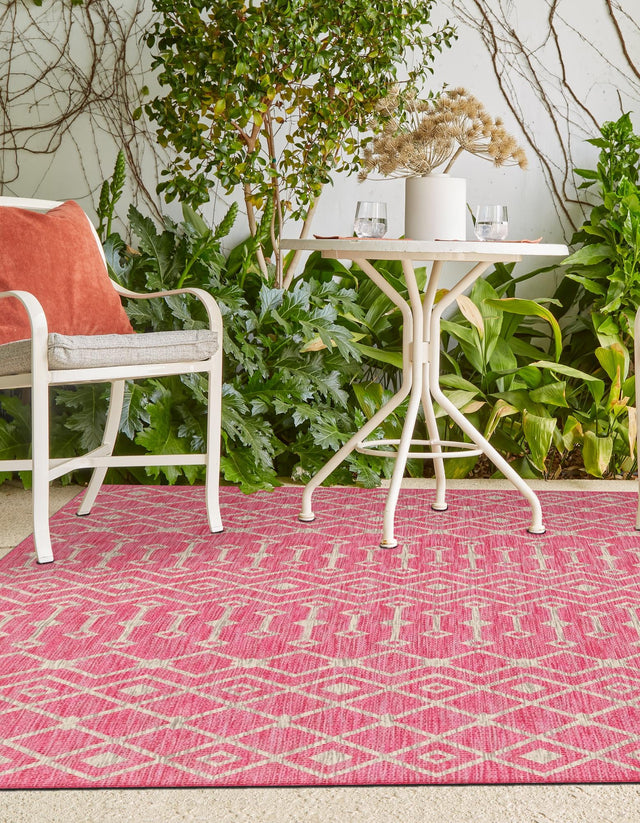 Fuschia 4' 1 x 6' 1 Outdoor Trellis Rectangle Area Rug Weather Resistant for Patio, Deck, Terrace, Balcony, Porch Geometric Design Water Safe Outside Carpet for Sale at Rug Engine