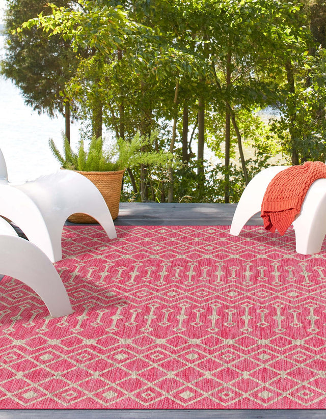 Fuschia 6' 1 x 9' Outdoor Trellis Rectangle Area Rug Weather Resistant for Patio, Deck, Terrace, Balcony, Porch Geometric Design Water Safe Outside Carpet for Sale at Rug Engine
