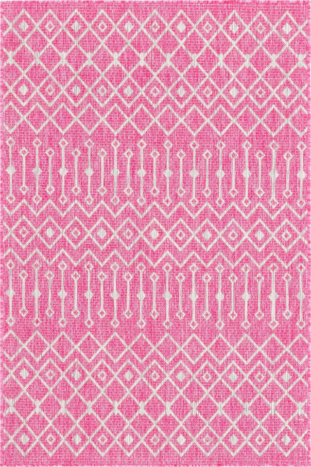 Fuschia 4' 1 x 6' 1 Outdoor Trellis Rectangle Area Rug Weather Resistant for Patio, Deck, Terrace, Balcony, Porch Geometric Design Water Safe Outside Carpet for Sale at Rug Engine