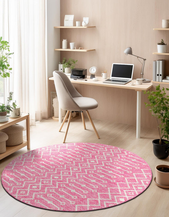Fuschia 4' 1 x 4' 1 Outdoor Trellis Round Area Rug Weather Resistant for Patio, Deck, Terrace, Balcony, Porch Geometric Design Water Safe Outside Carpet for Sale at Rug Engine