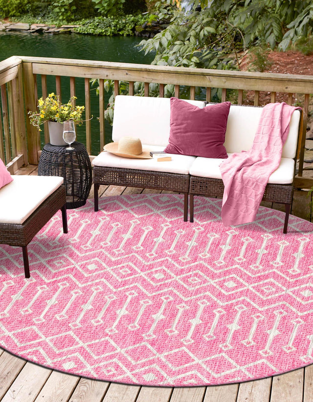 Fuschia 4' 1 x 4' 1 Outdoor Trellis Round Area Rug Weather Resistant for Patio, Deck, Terrace, Balcony, Porch Geometric Design Water Safe Outside Carpet for Sale at Rug Engine