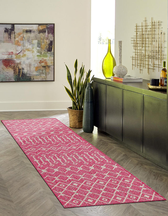 Fuschia 2' x 6' 1 Outdoor Trellis Runner Area Rug Weather Resistant for Patio, Deck, Terrace, Balcony, Porch Geometric Design Water Safe Outside Carpet for Sale at Rug Engine