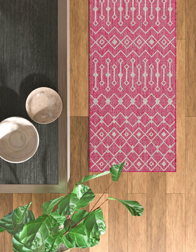 Fuschia 2' x 6' 1 Outdoor Trellis Runner Area Rug Weather Resistant for Patio, Deck, Terrace, Balcony, Porch Geometric Design Water Safe Outside Carpet for Sale at Rug Engine