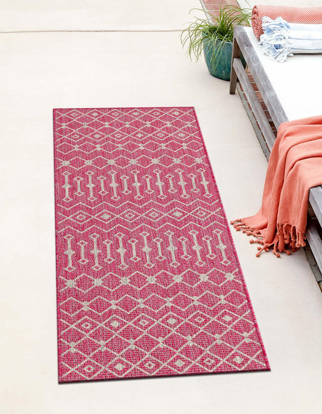 Fuschia 2' x 6' 1 Outdoor Trellis Runner Area Rug Weather Resistant for Patio, Deck, Terrace, Balcony, Porch Geometric Design Water Safe Outside Carpet for Sale at Rug Engine