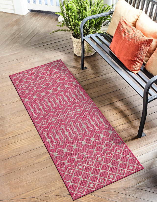 Fuschia 2' x 6' 1 Outdoor Trellis Runner Area Rug Weather Resistant for Patio, Deck, Terrace, Balcony, Porch Geometric Design Water Safe Outside Carpet for Sale at Rug Engine