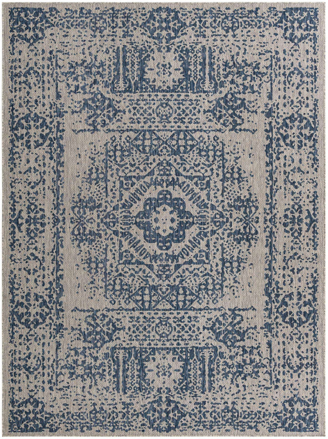 Blue 9' x 12' Outdoor Traditional Rectangle Area Rug Weather Resistant for Patio, Deck, Terrace, Balcony, Porch Classical Design Outside Carpet for Sale at Rug Engine