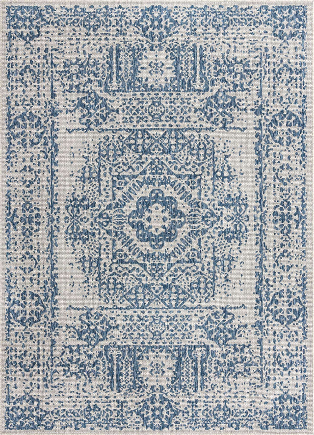 Blue 7' 10 x 11' Outdoor Traditional Rectangle Area Rug Weather Resistant for Patio, Deck, Terrace, Balcony, Porch Classical Design Outside Carpet for Sale at Rug Engine