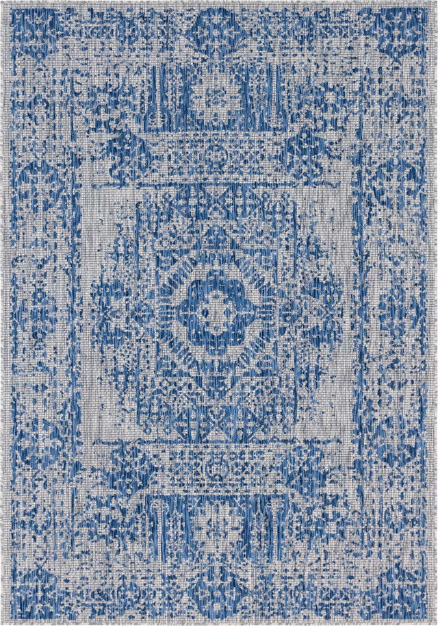 Blue 7' 1 x 10' Outdoor Traditional Rectangle Area Rug Weather Resistant for Patio, Deck, Terrace, Balcony, Porch Classical Design Outside Carpet for Sale at Rug Engine