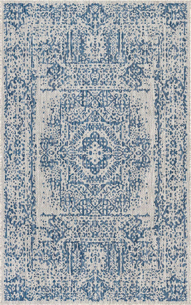 Blue 5' 3 x 8' Outdoor Traditional Rectangle Area Rug Weather Resistant for Patio, Deck, Terrace, Balcony, Porch Classical Design Outside Carpet for Sale at Rug Engine