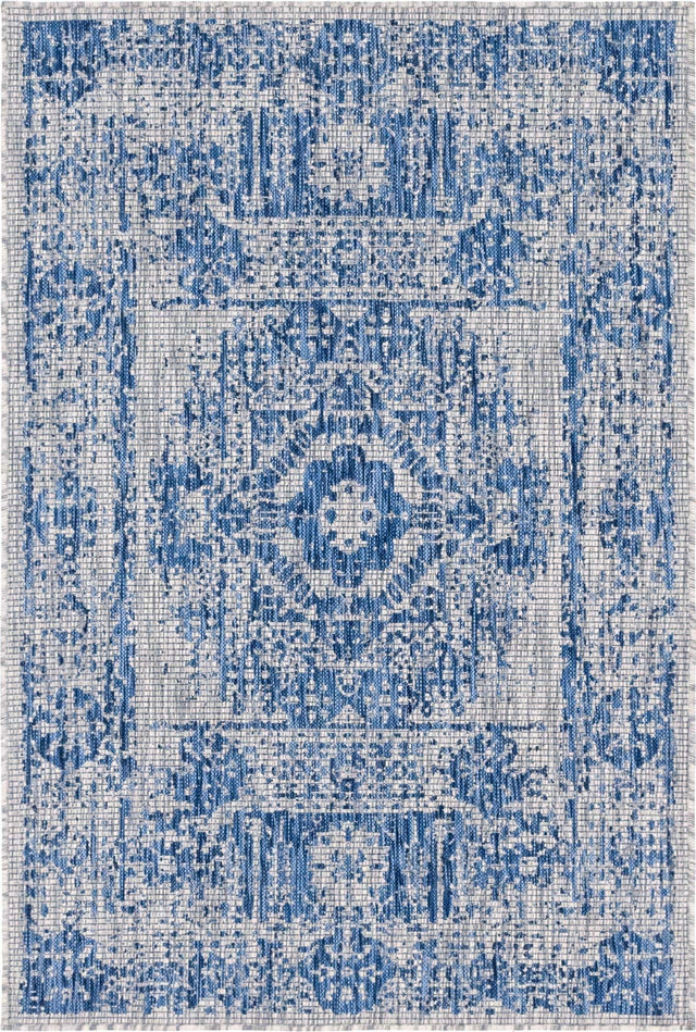 Blue 4' 1 x 6' 1 Outdoor Traditional Rectangle Area Rug Weather Resistant for Patio, Deck, Terrace, Balcony, Porch Classical Design Outside Carpet for Sale at Rug Engine