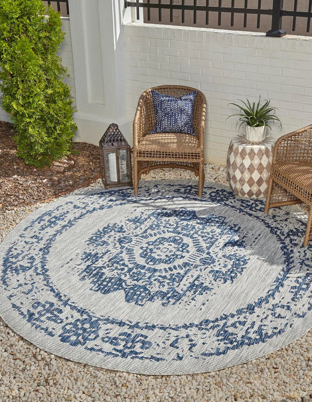 Blue 4' 1 x 4' 1 Outdoor Traditional Round Area Rug Weather Resistant for Patio, Deck, Terrace, Balcony, Porch Classical Design Outside Carpet for Sale at Rug Engine