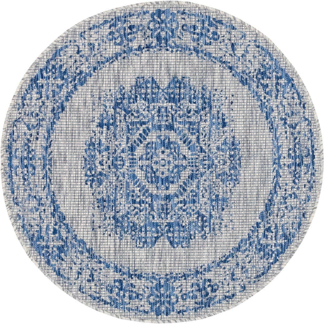 Blue 4' 1 x 4' 1 Outdoor Traditional Round Area Rug Weather Resistant for Patio, Deck, Terrace, Balcony, Porch Classical Design Outside Carpet for Sale at Rug Engine