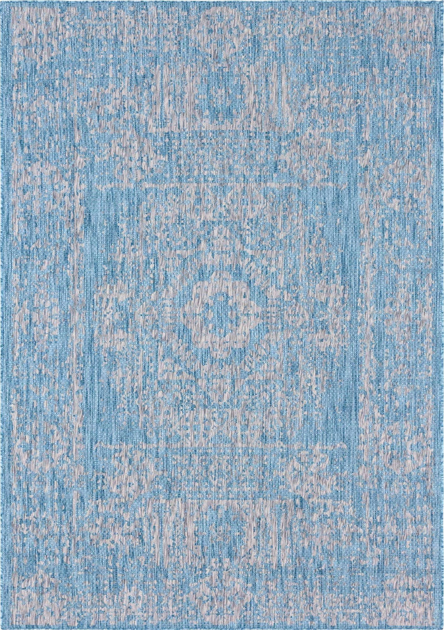 Light Aqua 7' 1 x 10' Outdoor Traditional Rectangle Area Rug Weather Resistant for Patio, Deck, Terrace, Balcony, Porch Classical Design Outside Carpet for Sale at Rug Engine