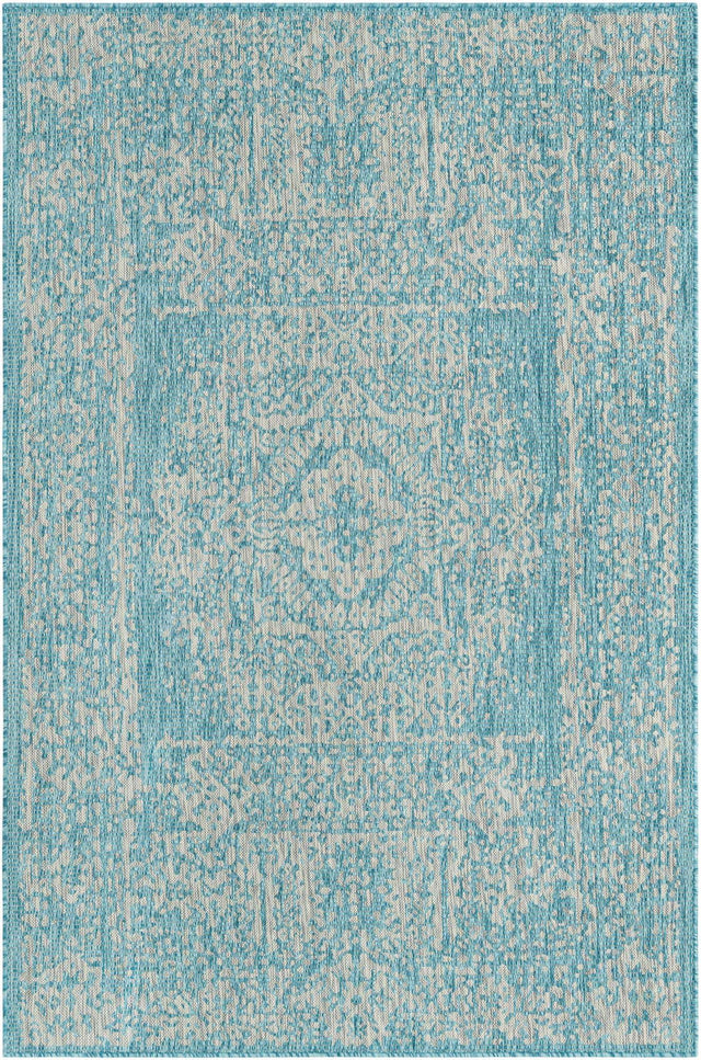 Light Aqua 5' 3 x 8' Outdoor Traditional Rectangle Area Rug Weather Resistant for Patio, Deck, Terrace, Balcony, Porch Classical Design Outside Carpet for Sale at Rug Engine
