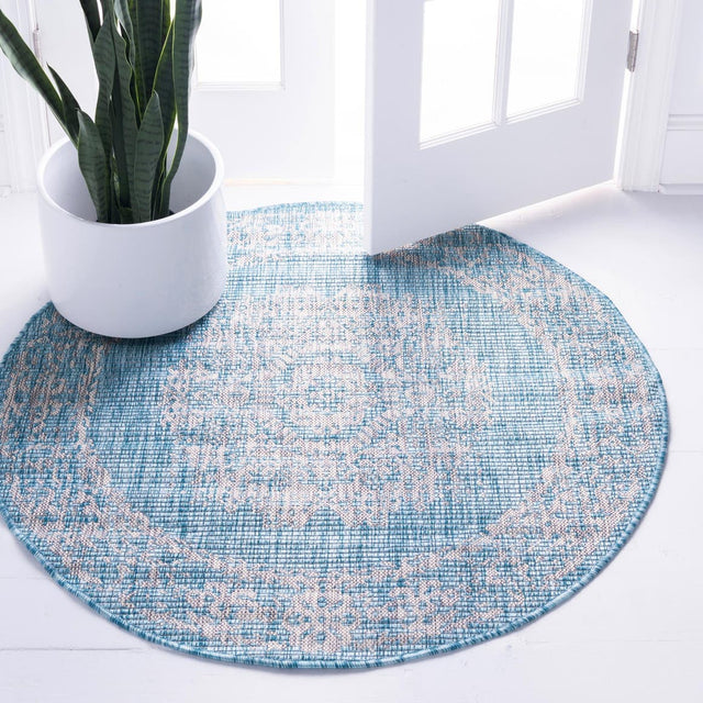 Light Aqua 4' 1 x 4' 1 Outdoor Traditional Round Area Rug Weather Resistant for Patio, Deck, Terrace, Balcony, Porch Classical Design Outside Carpet for Sale at Rug Engine