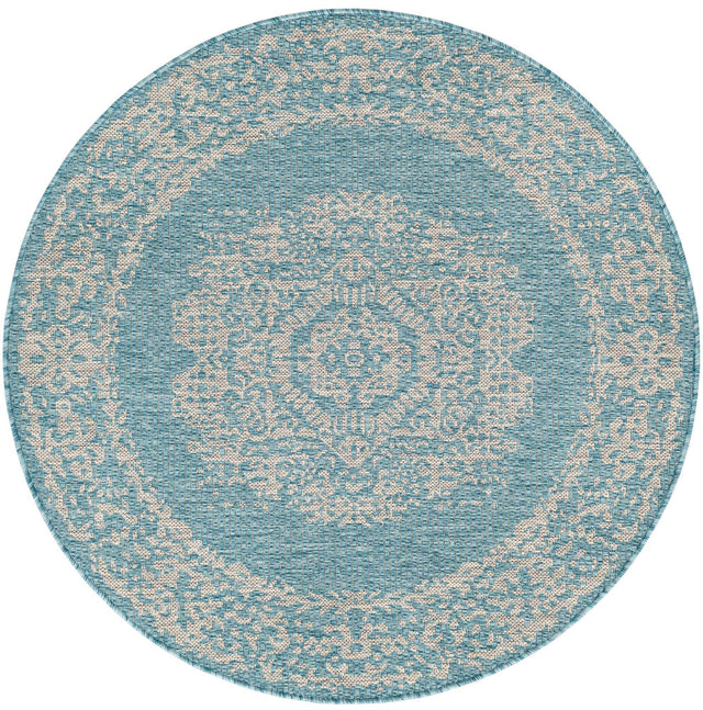 Light Aqua 4' 1 x 4' 1 Outdoor Traditional Round Area Rug Weather Resistant for Patio, Deck, Terrace, Balcony, Porch Classical Design Outside Carpet for Sale at Rug Engine