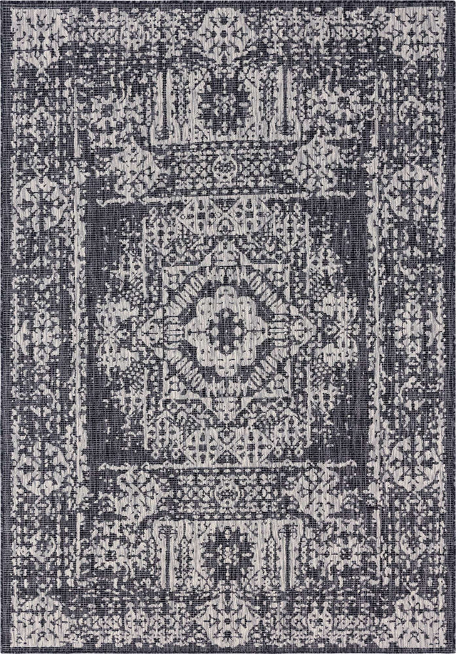 Charcoal Gray 7' 1 x 10' Outdoor Traditional Rectangle Area Rug Weather Resistant for Patio, Deck, Terrace, Balcony, Porch
