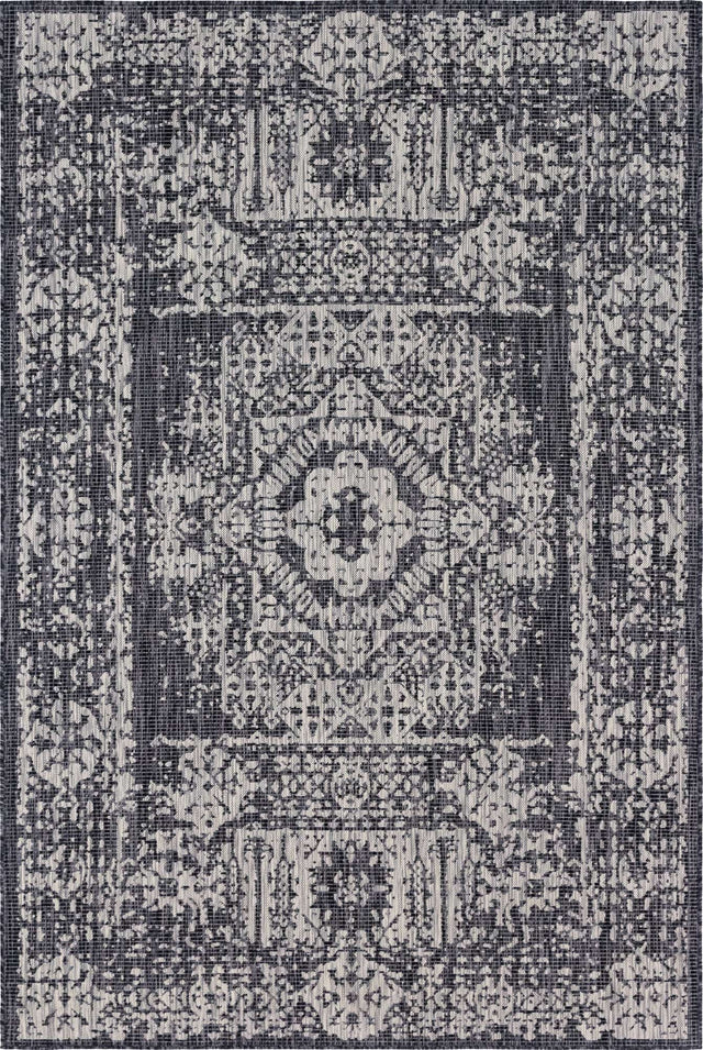 Charcoal Gray 6' 1 x 9' Outdoor Traditional Rectangle Area Rug Weather Resistant for Patio, Deck, Terrace, Balcony, Porch Classical Design Outside Carpet for Sale at Rug Engine