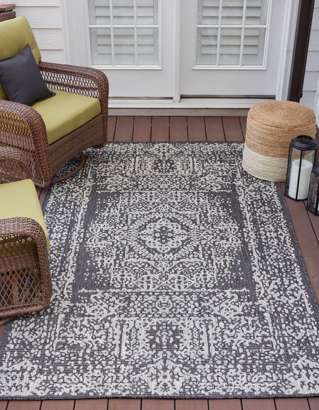 Charcoal Gray 7' 1 x 10' Outdoor Traditional Rectangle Area Rug Weather Resistant for Patio, Deck, Terrace, Balcony, Porch