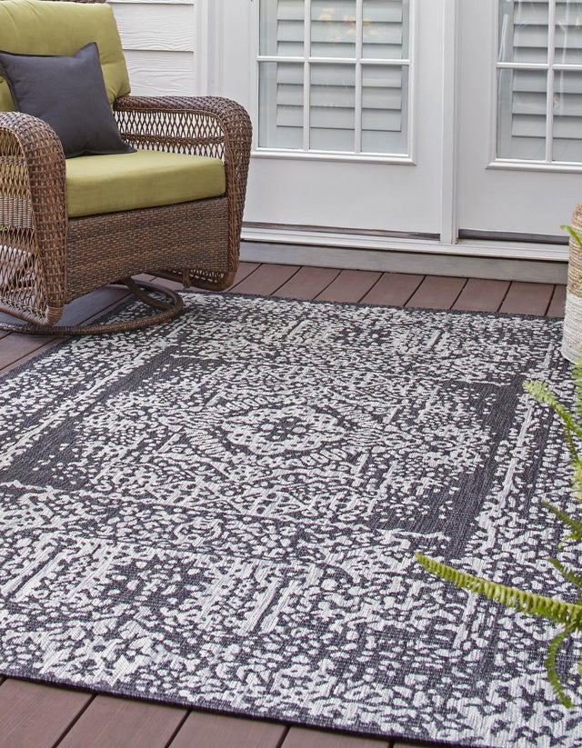 Charcoal Gray 7' 1 x 10' Outdoor Traditional Rectangle Area Rug Weather Resistant for Patio, Deck, Terrace, Balcony, Porch